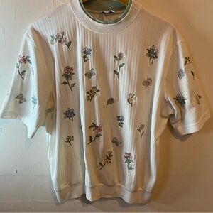 BonWorth Women’s Embroidered Floral & Butterfly Ribbed Shirt Cottage Core Vibes